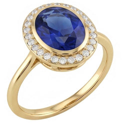 Bague Halo Saphir Bleu Ovale & Diamants Or 3 Carats