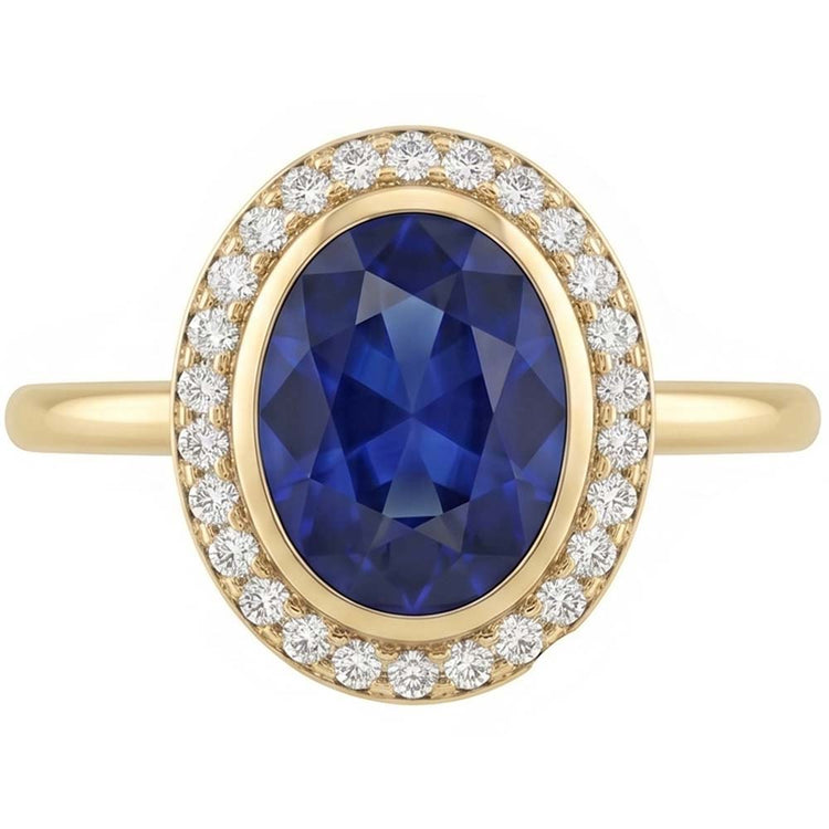 Bague Halo Saphir Bleu Ovale & Diamants Or 3 Carats