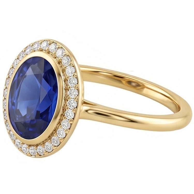 Bague Halo Saphir Bleu Ovale & Diamants Or 3 Carats