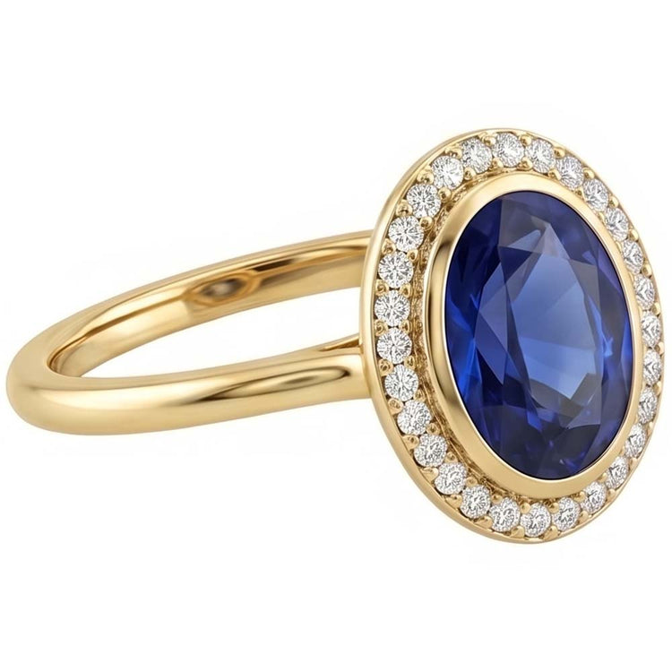 Bague Halo Saphir Bleu Ovale & Diamants Or 3 Carats