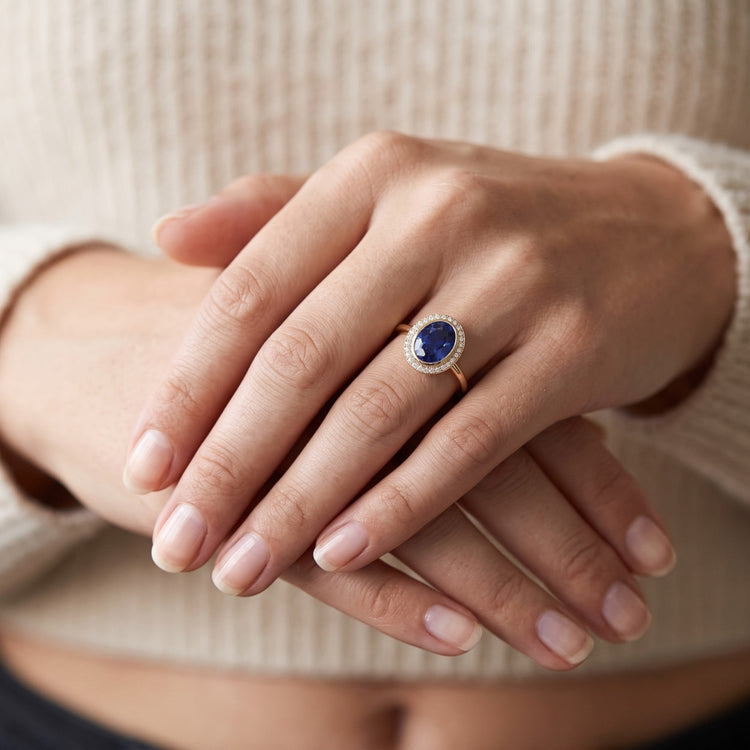 Bague Halo Saphir Bleu Ovale & Diamants Or 3 Carats