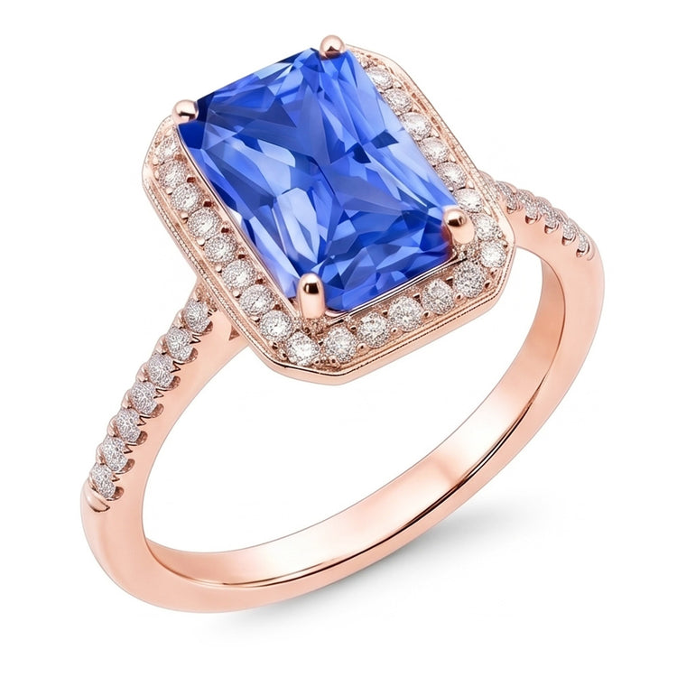 Bague Halo Saphir Bleu Radiant & Diamants Or Rose 3.50 Carats