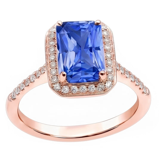 Bague Halo Saphir Bleu Radiant & Diamants Or Rose 3.50 Carats