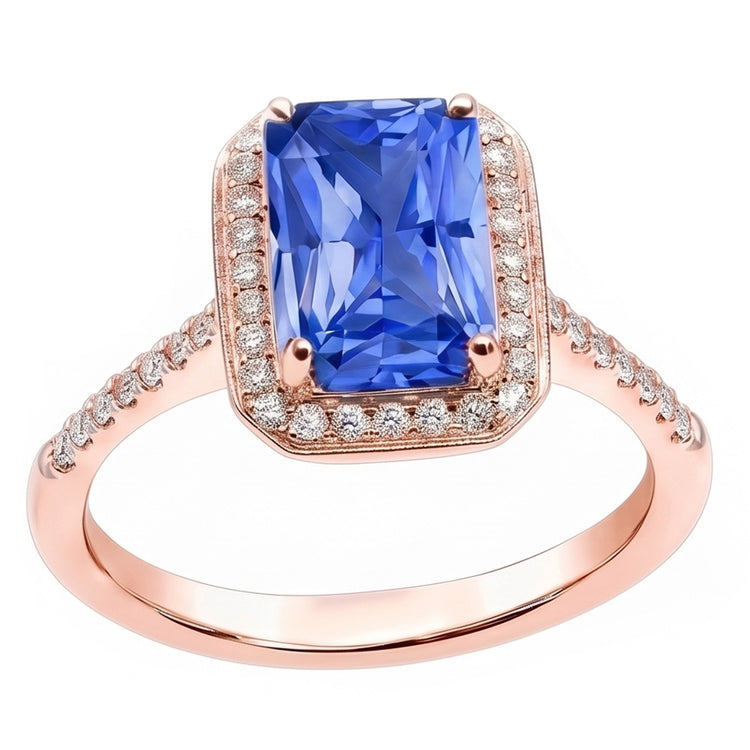 Bague Halo Saphir Bleu Radiant & Diamants Or Rose 3.50 Carats