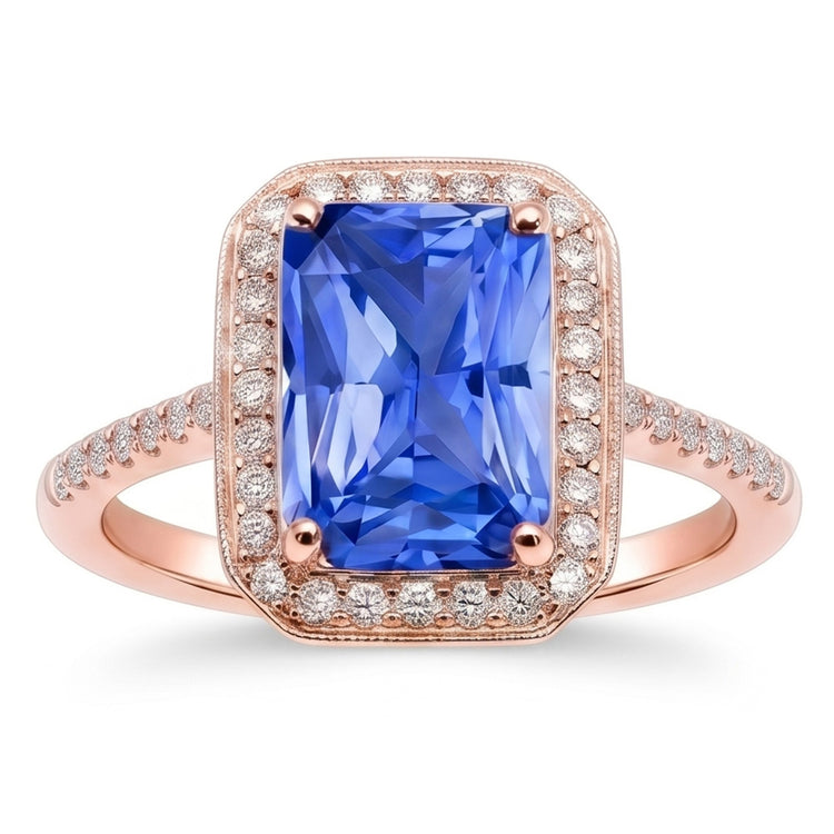 Bague Halo Saphir Bleu Radiant & Diamants Or Rose 3.50 Carats