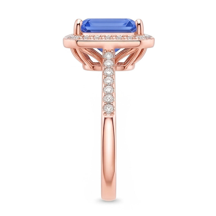 Bague Halo Saphir Bleu Radiant & Diamants Or Rose 3.50 Carats