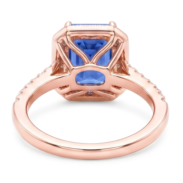 Bague Halo Saphir Bleu Radiant & Diamants Or Rose 3.50 Carats