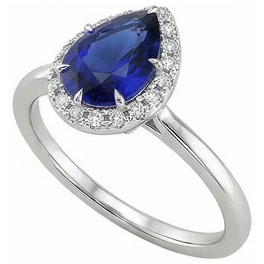 Bague Halo Saphir Bleu Sertie Griffe Poire & Diamants 4.50 Carats