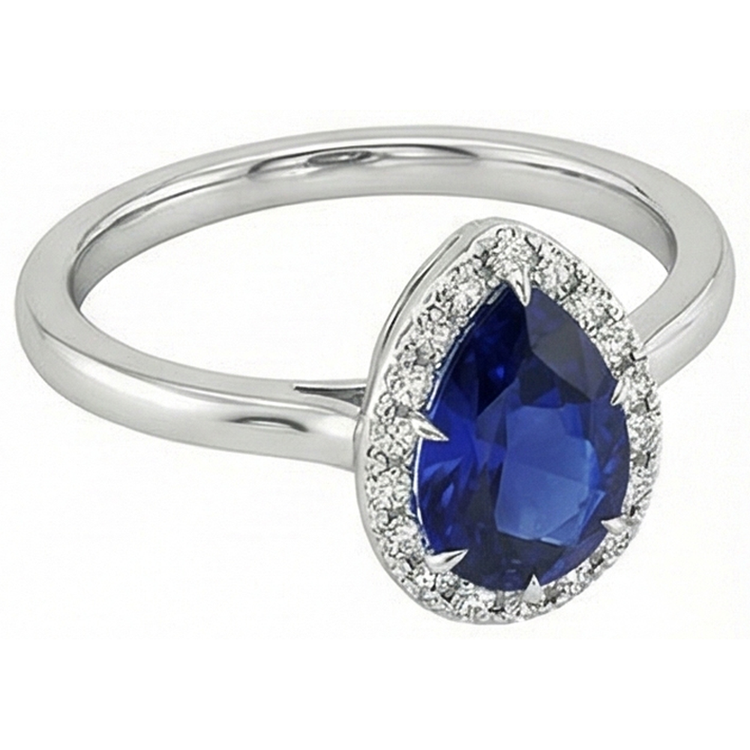 Bague Halo Saphir Bleu Sertie Griffe Poire & Diamants 4.50 Carats