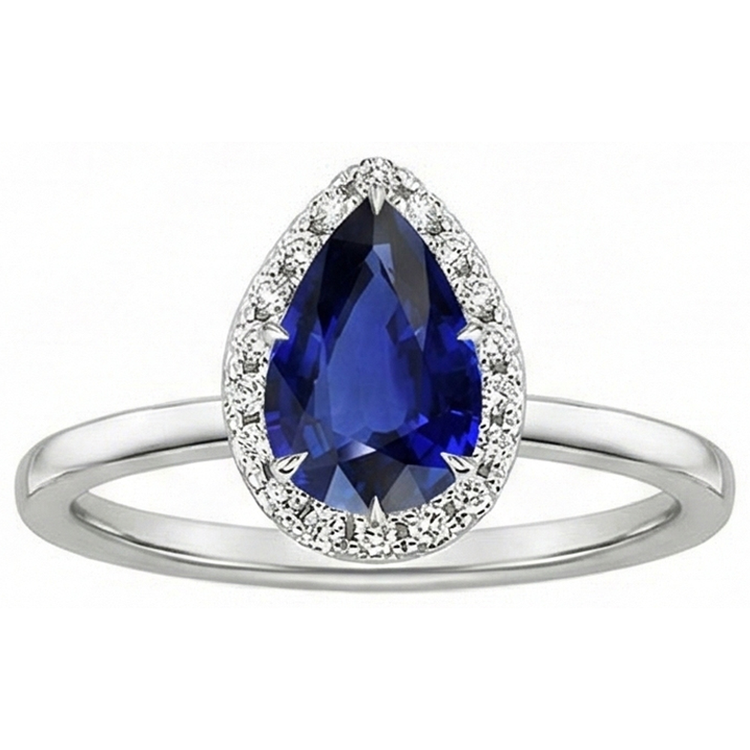 Bague Halo Saphir Bleu Sertie Griffe Poire & Diamants 4.50 Carats