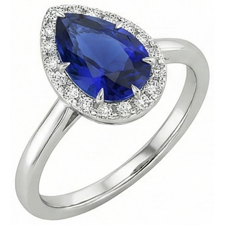 Bague Halo Saphir Bleu Sertie Griffe Poire & Diamants 4.50 Carats