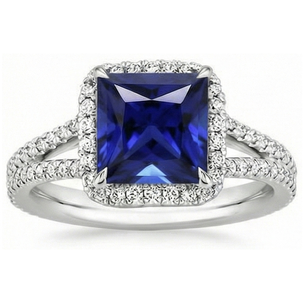 Bague Halo Saphir Bleu et Diamant Naturels Extraits des Mines ( et non cultivés en laboratoire ) 6.5 Carat Princesse avec Accent