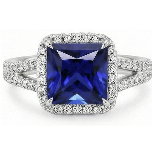 Bague Halo Saphir Bleu et Diamant Naturels Extraits des Mines ( et non cultivés en laboratoire ) 6.5 Carat Princesse avec Accent