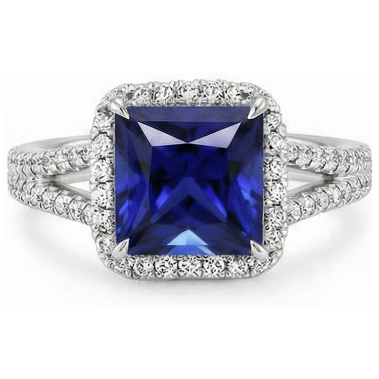 Bague Halo Saphir Bleu et Diamant Naturels Extraits des Mines ( et non cultivés en laboratoire ) 6.5 Carat Princesse avec Accent