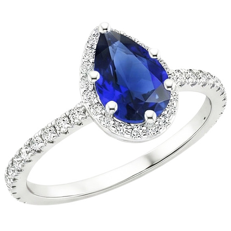 Bague Halo Saphir Sri Lankan Taille Poire & Pavé de Diamants Naturels Extraits des Mines ( et non cultivés en laboratoire ) 4.75 Carats