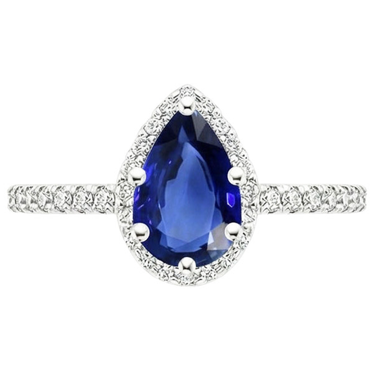 Bague Halo Saphir Sri Lankan Taille Poire & Pavé de Diamants Naturels Extraits des Mines ( et non cultivés en laboratoire ) 4.75 Carats