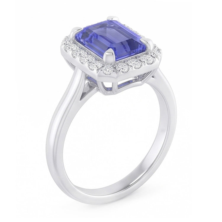 Bague Halo Saphir Taille Émeraude 2 Carats