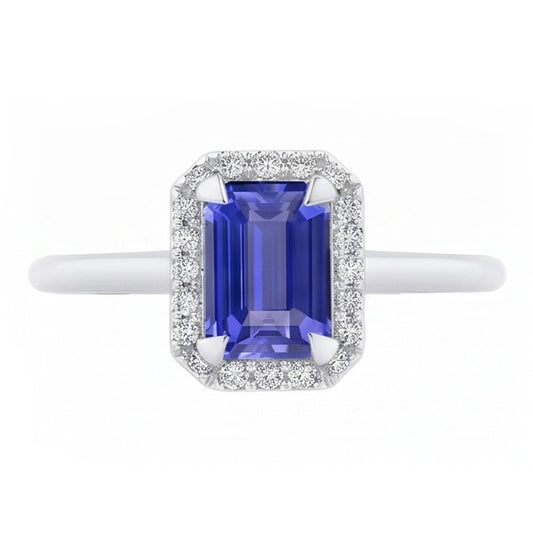 Bague Halo Saphir Taille Émeraude 2 Carats