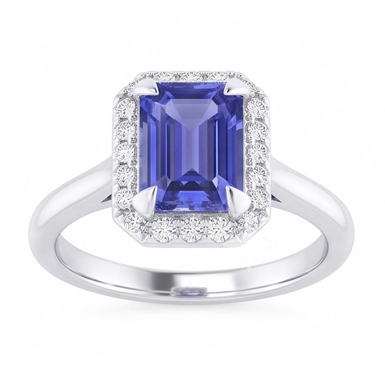 Bague Halo Saphir Taille Émeraude 2 Carats