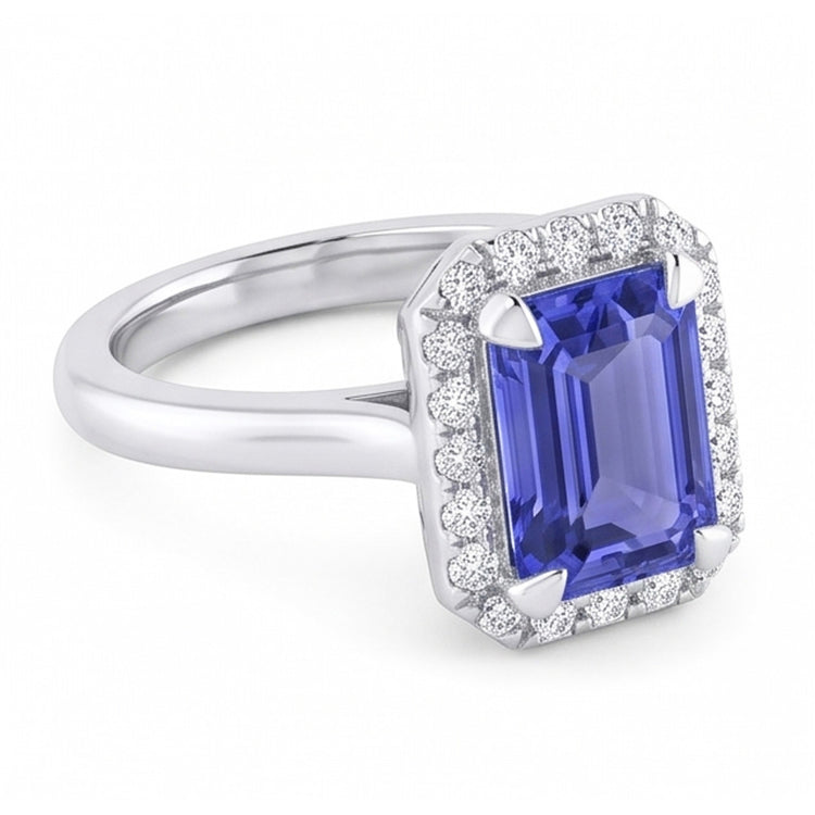Bague Halo Saphir Taille Émeraude 2 Carats