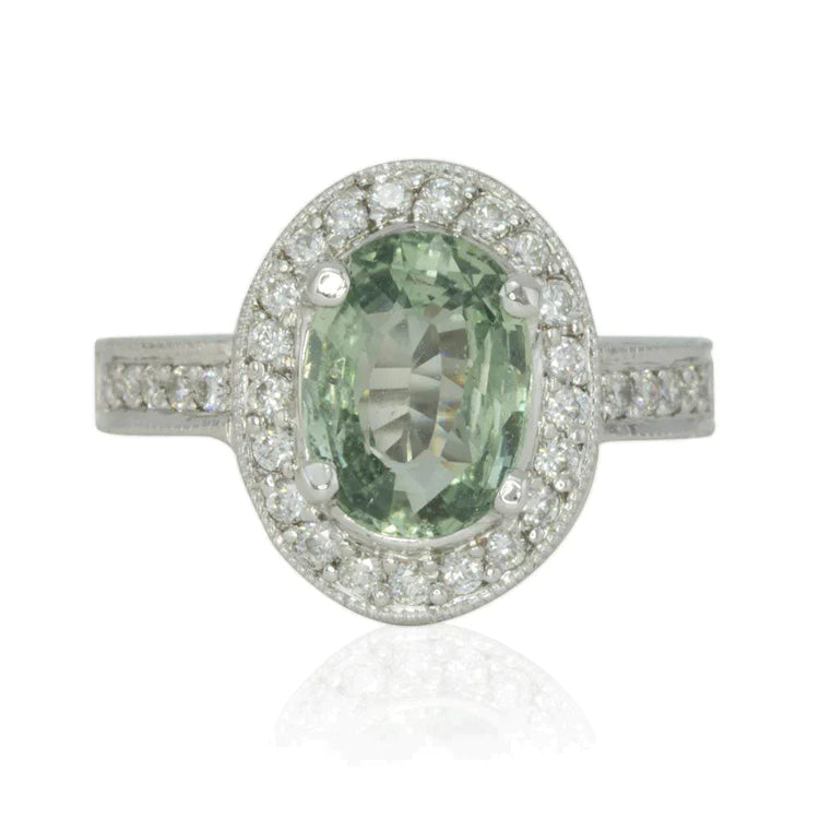 Bague Halo Saphir Vert Ovale