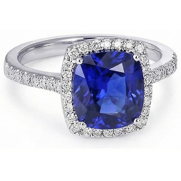 Bague Halo Sri Lanka Saphir Et Diamant Naturels Extraits des Mines ( et non cultivés en laboratoire ) Or Blanc 14K 7.80 Ct