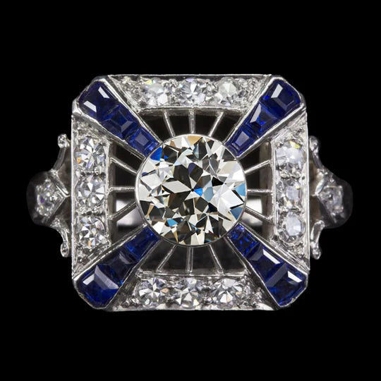 Bague Halo Style Antique Vieux Mineur Réel Diamant & Saphirs Bleus 4 Carats