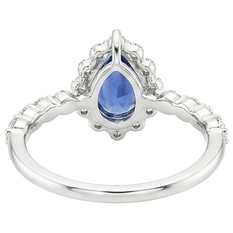 Bague Halo Style Fleur Poire Saphir Bleu & Diamants Naturels Extraits des Mines ( et non cultivés en laboratoire ) 5 Carats