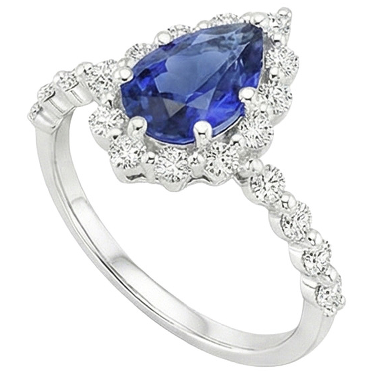 Bague Halo Style Fleur Poire Saphir Bleu & Diamants Naturels Extraits des Mines ( et non cultivés en laboratoire ) 5 Carats