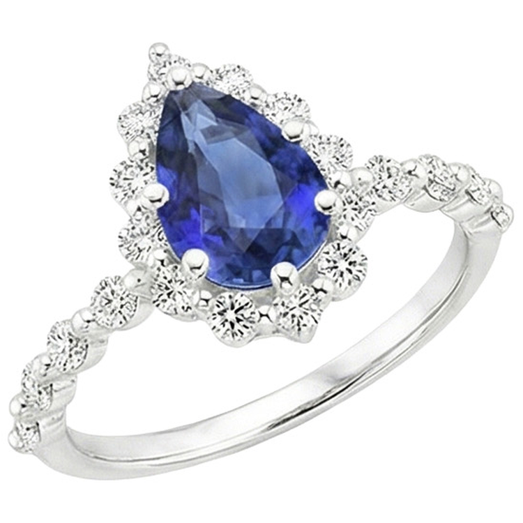 Bague Halo Style Fleur Poire Saphir Bleu & Diamants Naturels Extraits des Mines ( et non cultivés en laboratoire ) 5 Carats