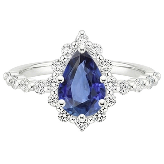 Bague Halo Style Fleur Poire Saphir Bleu & Diamants Naturels Extraits des Mines ( et non cultivés en laboratoire ) 5 Carats
