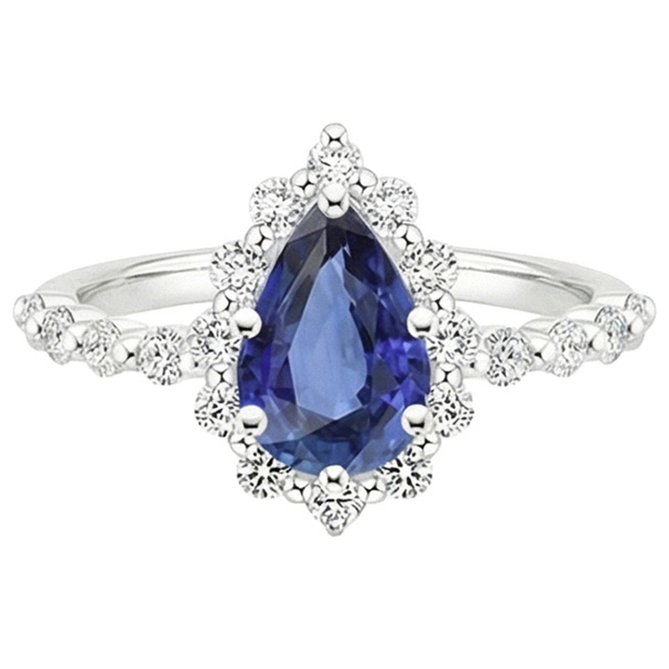 Bague Halo Style Fleur Poire Saphir Bleu & Diamants Naturels Extraits des Mines ( et non cultivés en laboratoire ) 5 Carats