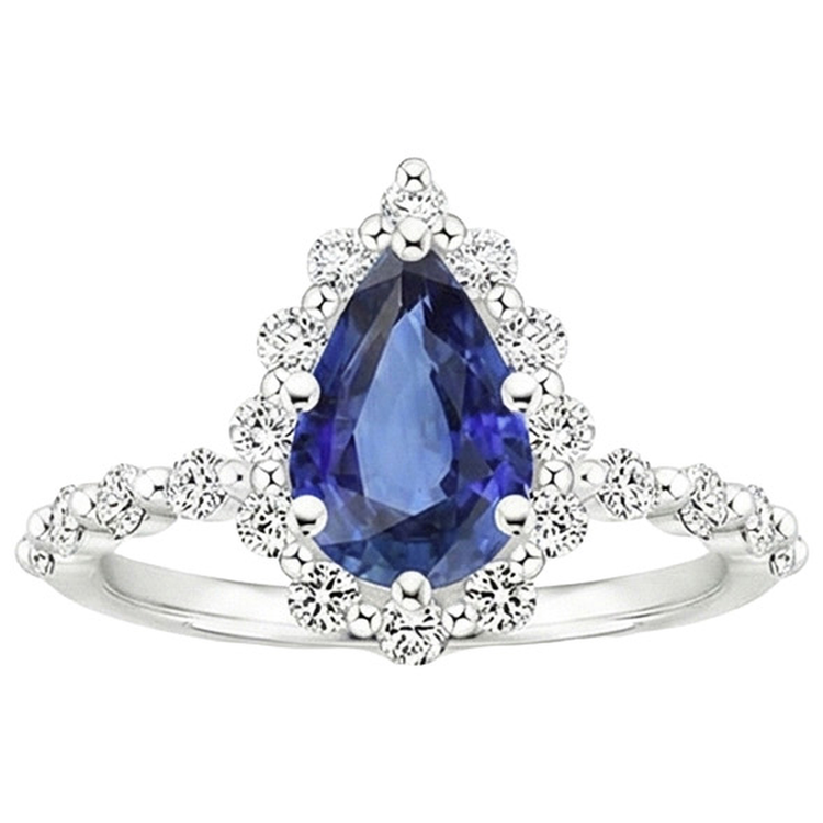 Bague Halo Style Fleur Poire Saphir Bleu & Diamants Naturels Extraits des Mines ( et non cultivés en laboratoire ) 5 Carats