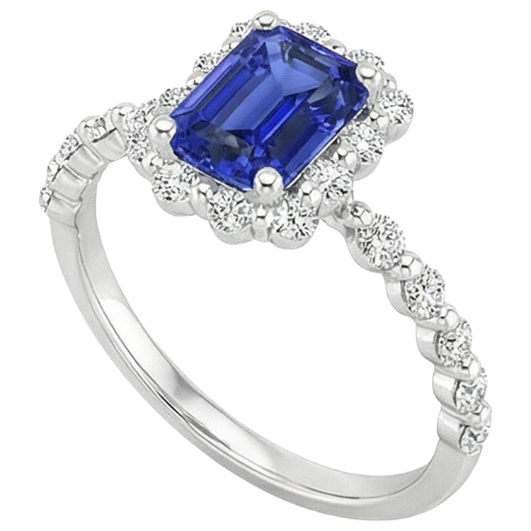 Bague Halo Style Fleur Radiant Saphir Bleu & Diamant Naturels Extraits des Mines ( et non cultivés en laboratoire ) 4.25 Carats