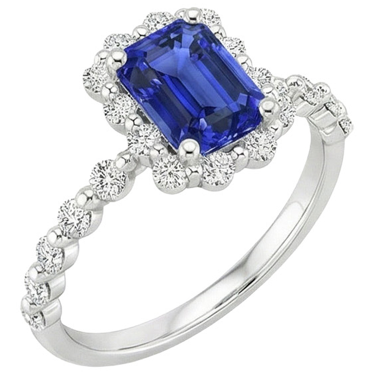 Bague Halo Style Fleur Radiant Saphir Bleu & Diamant Naturels Extraits des Mines ( et non cultivés en laboratoire ) 4.25 Carats