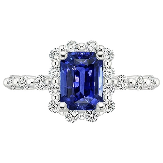 Bague Halo Style Fleur Radiant Saphir Bleu & Diamant Naturels Extraits des Mines ( et non cultivés en laboratoire ) 4.25 Carats