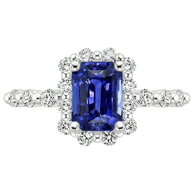 Bague Halo Style Fleur Radiant Saphir Bleu & Diamant Naturels Extraits des Mines ( et non cultivés en laboratoire ) 4.25 Carats