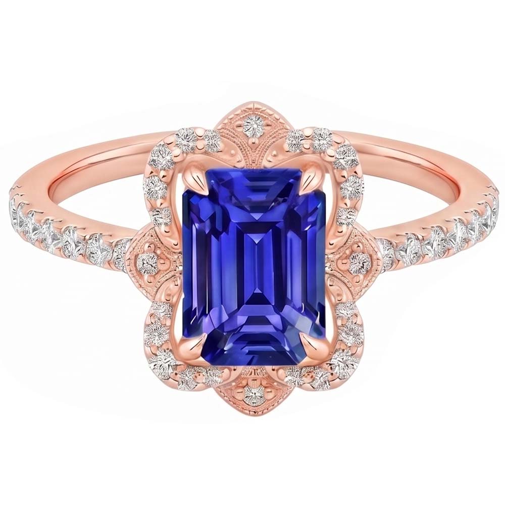 Bague Halo Style Fleur Saphir Bleu Émeraude & Diamant Naturels Extraits des Mines ( et non cultivés en laboratoire ) 4.25 Carats
