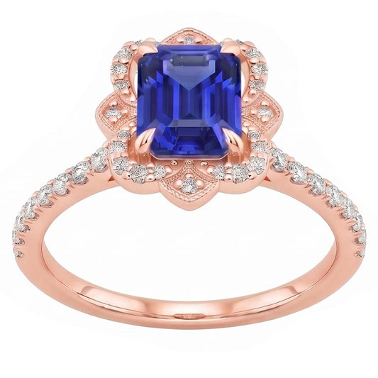 Bague Halo Style Fleur Saphir Bleu Émeraude & Diamant Naturels Extraits des Mines ( et non cultivés en laboratoire ) 4.25 Carats