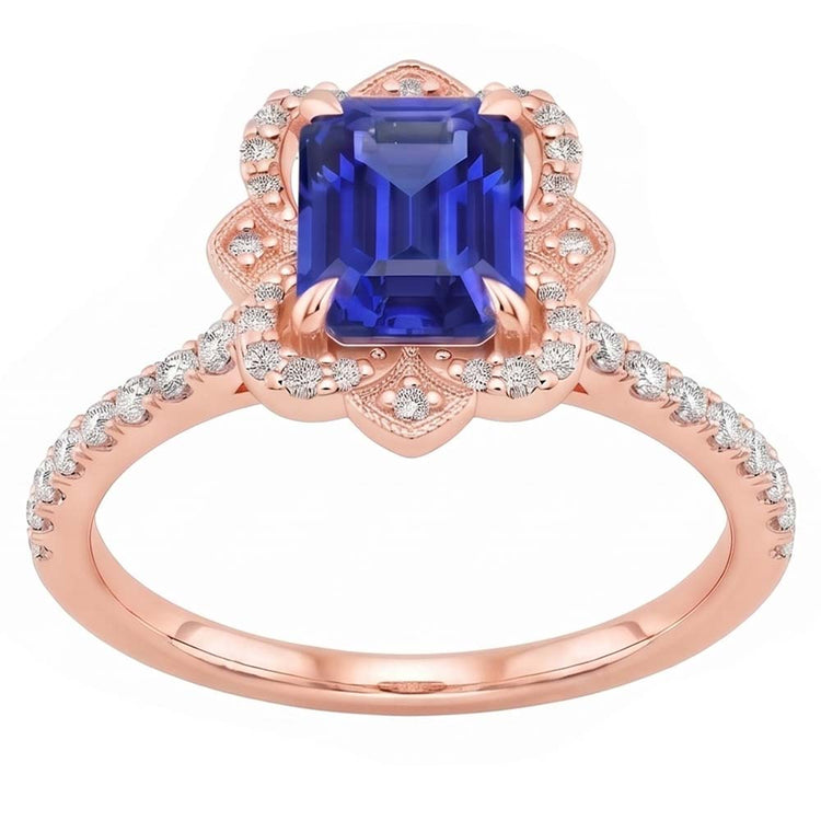 Bague Halo Style Fleur Saphir Bleu Émeraude & Diamant Naturels Extraits des Mines ( et non cultivés en laboratoire ) 4.25 Carats
