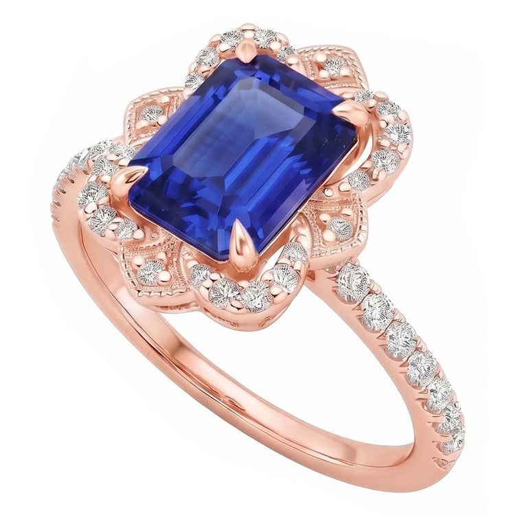 Bague Halo Style Fleur Saphir Bleu Émeraude & Diamant Naturels Extraits des Mines ( et non cultivés en laboratoire ) 4.25 Carats