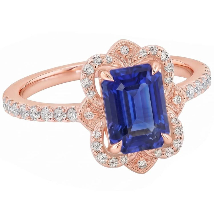 Bague Halo Style Fleur Saphir Bleu Émeraude & Diamant Naturels Extraits des Mines ( et non cultivés en laboratoire ) 4.25 Carats