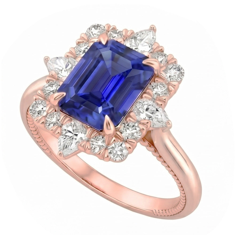 Bague Halo Style Fleur Saphir Sri Lankais & Diamant Naturels Extraits des Mines ( et non cultivés en laboratoire ) 4.25 Carats