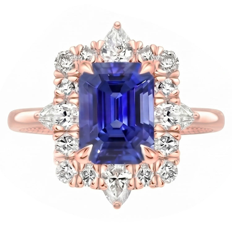 Bague Halo Style Fleur Saphir Sri Lankais & Diamant Naturels Extraits des Mines ( et non cultivés en laboratoire ) 4.25 Carats