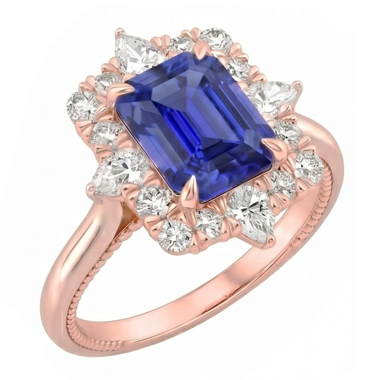 Bague Halo Style Fleur Saphir Sri Lankais & Diamant Naturels Extraits des Mines ( et non cultivés en laboratoire ) 4.25 Carats