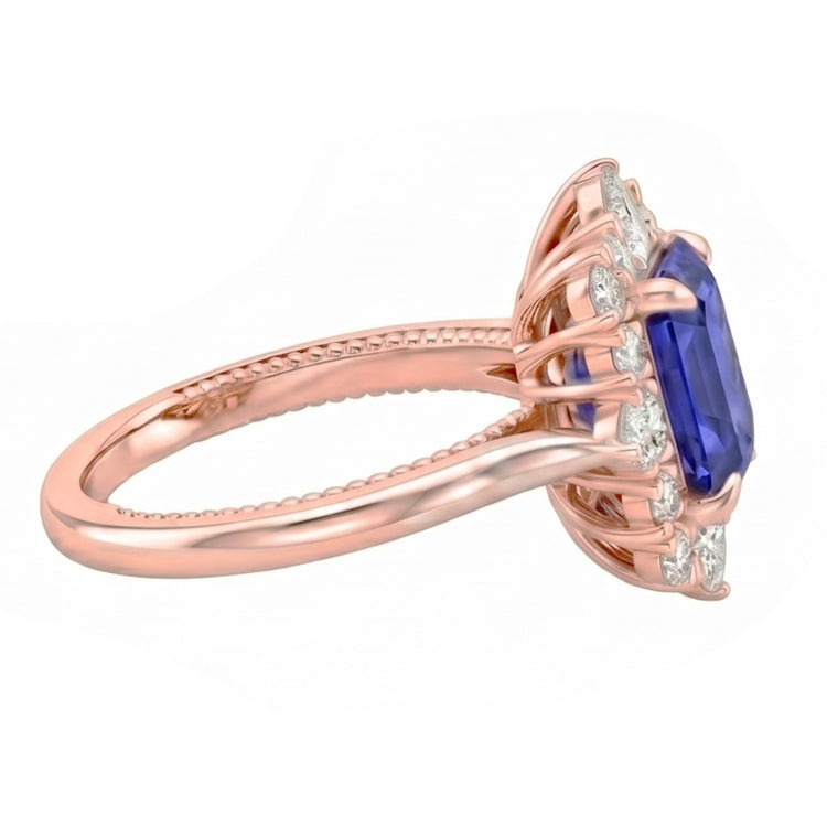 Bague Halo Style Fleur Saphir Sri Lankais & Diamant Naturels Extraits des Mines ( et non cultivés en laboratoire ) 4.25 Carats