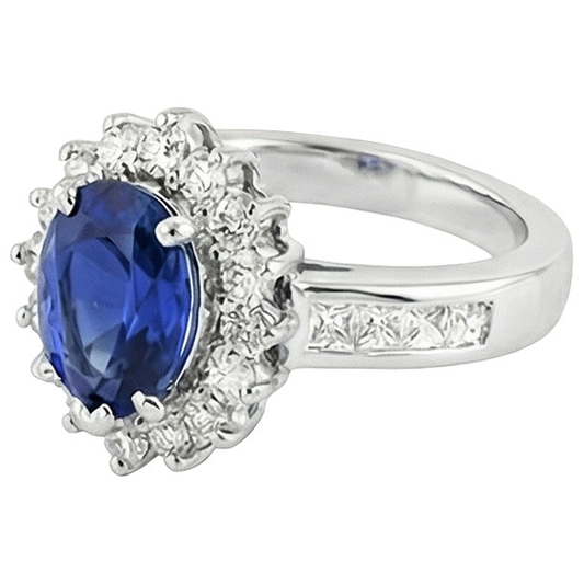 Bague Halo Style Star Saphir Bleu & Diamants 3.50 Carats Channel Set