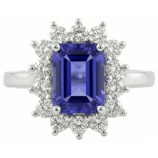 Bague Halo Tanzanite Et Diamants 6.35 Carats Or Blanc 14K