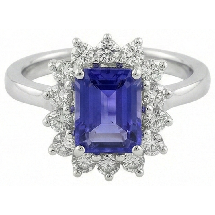 Bague Halo Tanzanite Et Diamants 6.35 Carats Or Blanc 14K