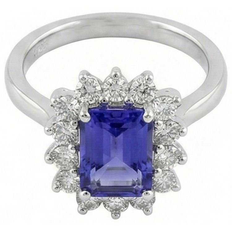 Bague Halo Tanzanite Et Diamants 6.35 Carats Or Blanc 14K